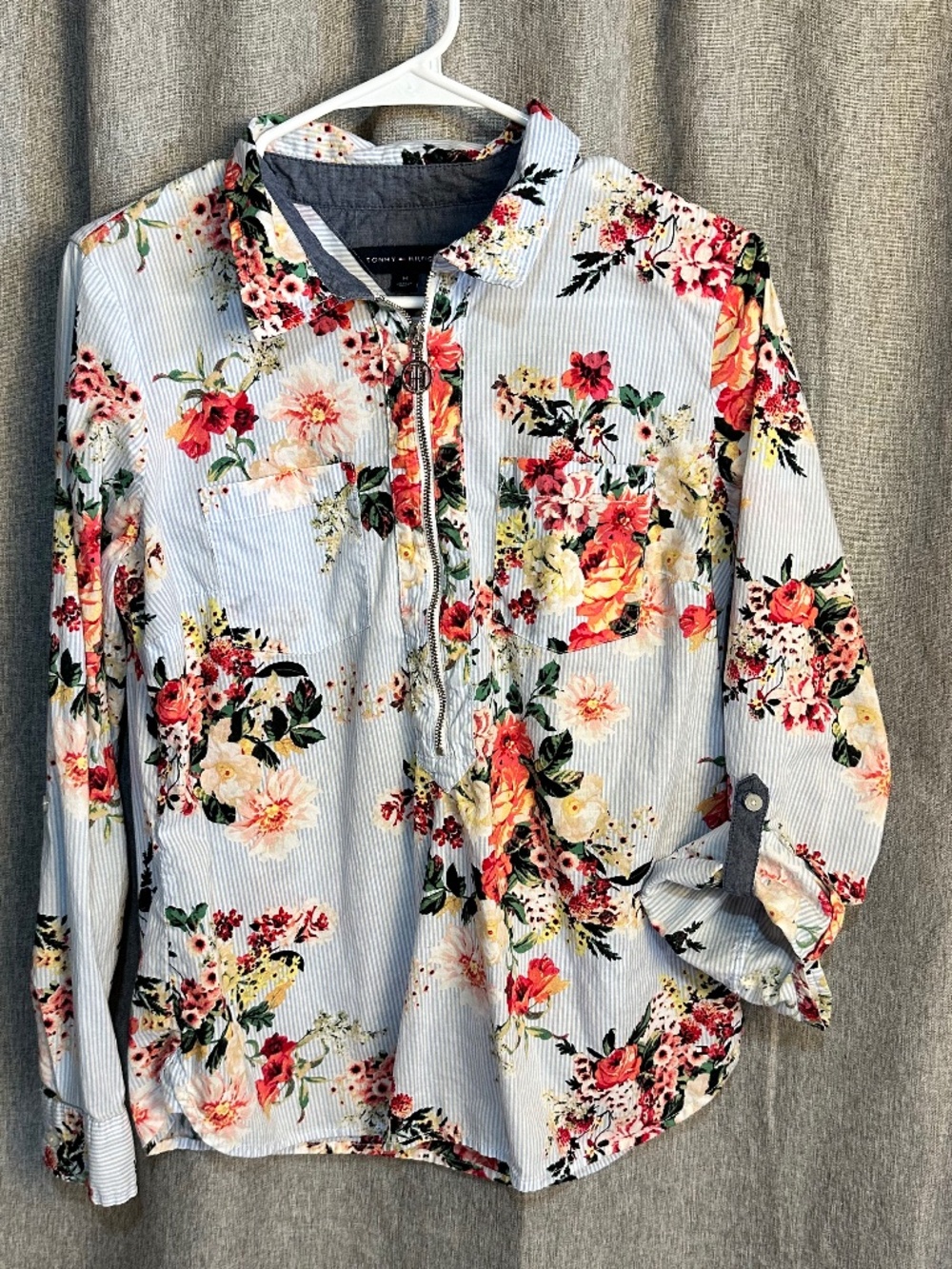 Tommy Hilfiger Striped Floral Half-Zip Popover Roll-Tab Sleeve Blouse Medium
